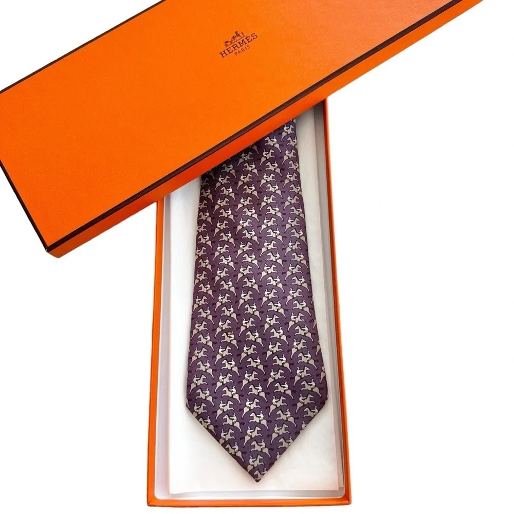 Authentic HERMES 100% Silk Purple White & Gray Jockey Horse Neck Tie with Box
